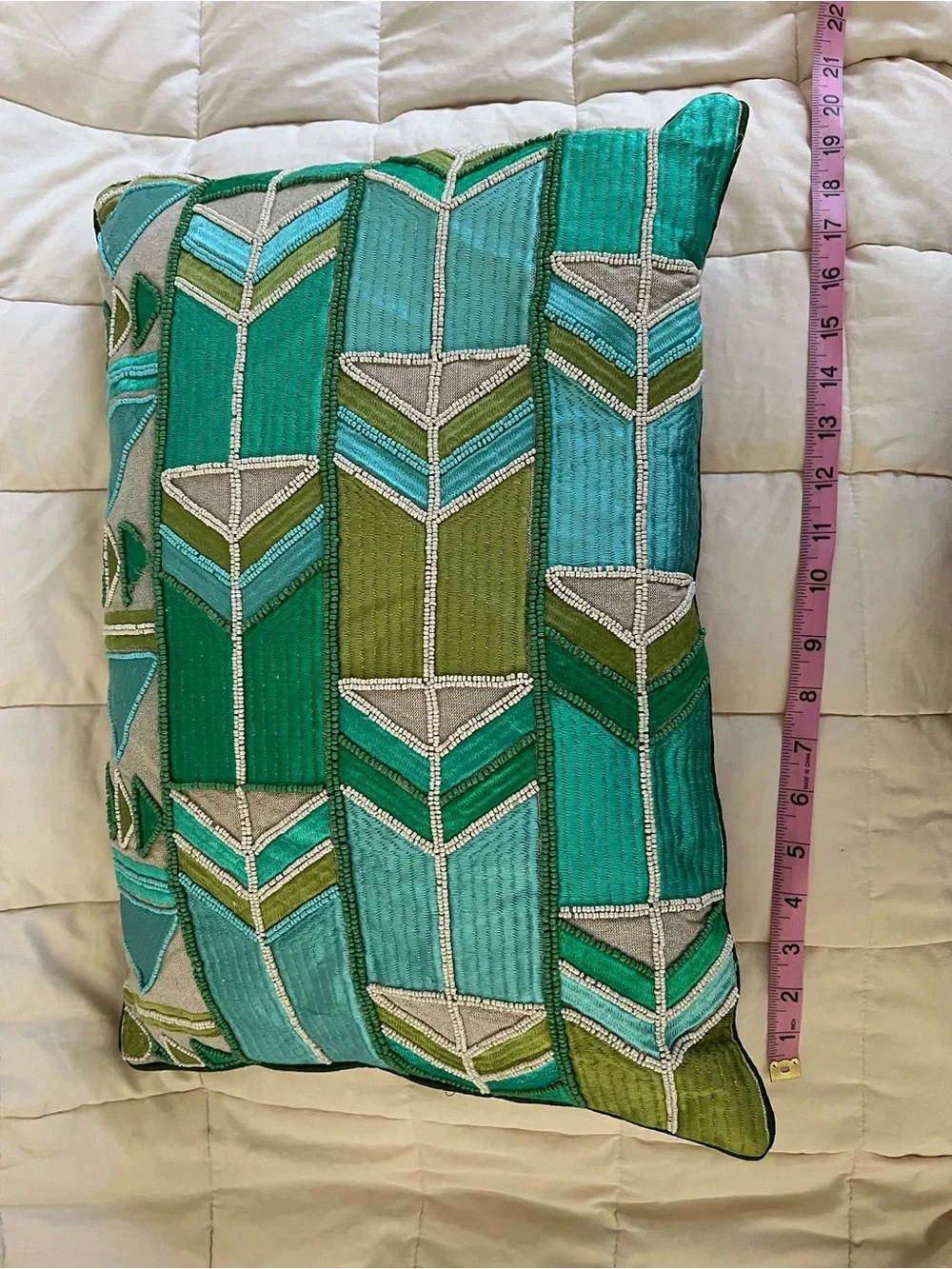 Handcrafted Teal & Green beaded Geometric Accent Pillow -